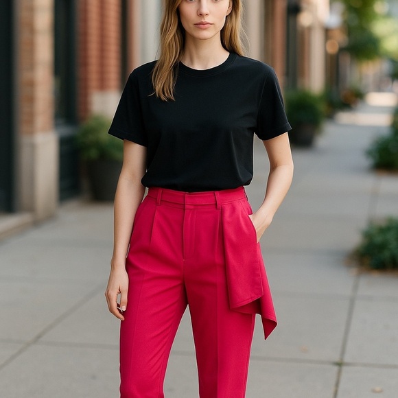 ZARA BASIC HIGH WAISTED TIE SASH HOT PINK TAPERED LEG PANTS SIZE XS💞🩷 - Picture 2 of 8